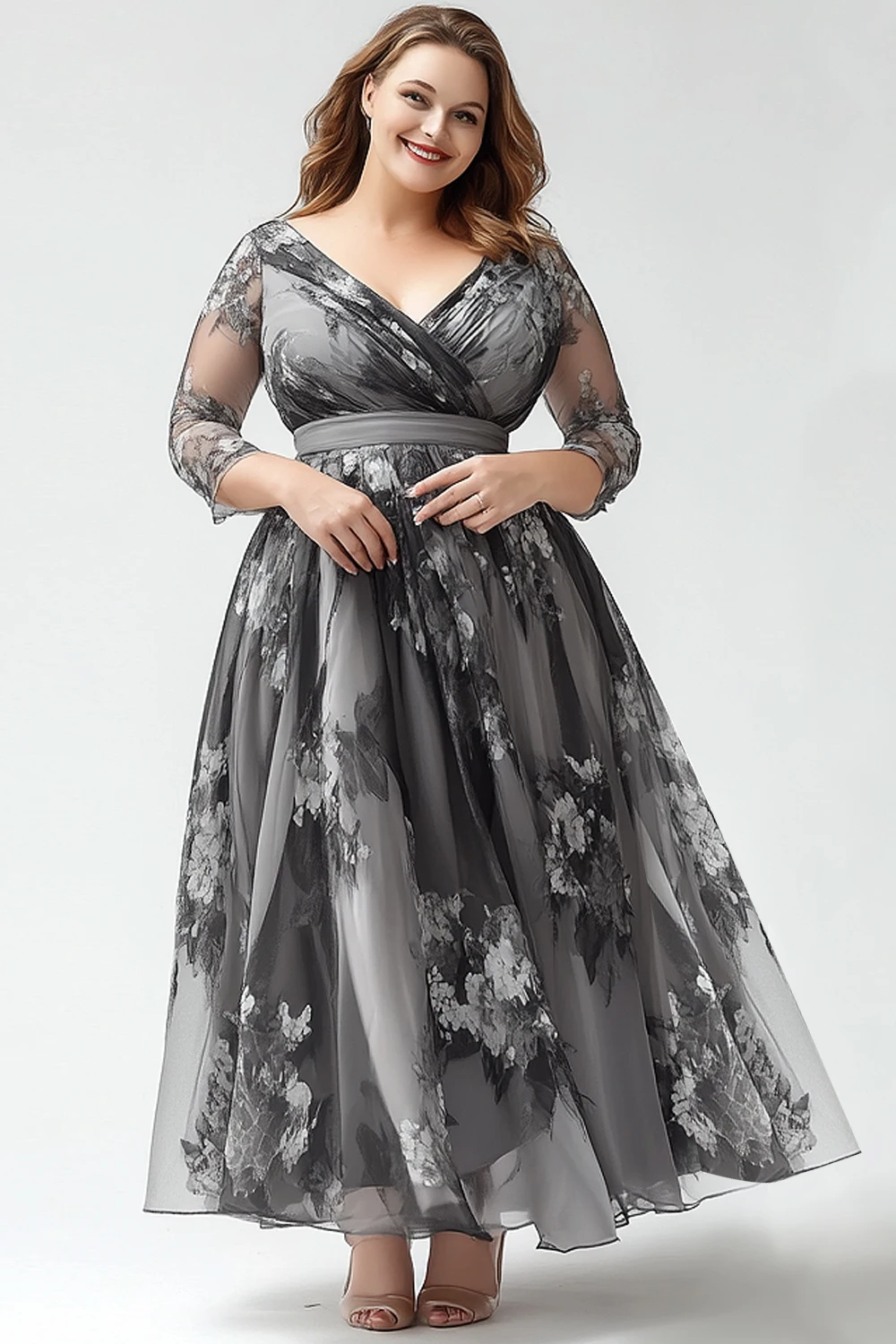 Flycurvy Plus Size Maxi-Kleid für die Brautmutter, dunkelgrau, Organza-Wickelkleid mit Blumendruck