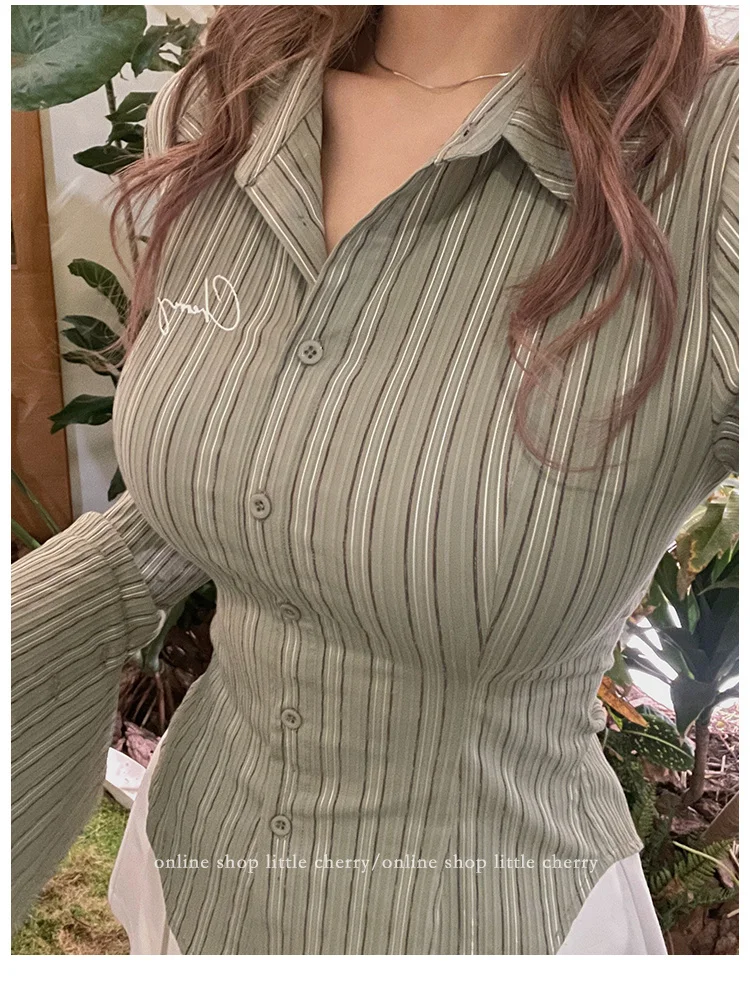 HOUZHOU Sexy Bodycon Striped Shirt Long Sleeve Korean Fashion Slim Women Blouses Green Chic Vintage Embroidery Aesthetic Tops