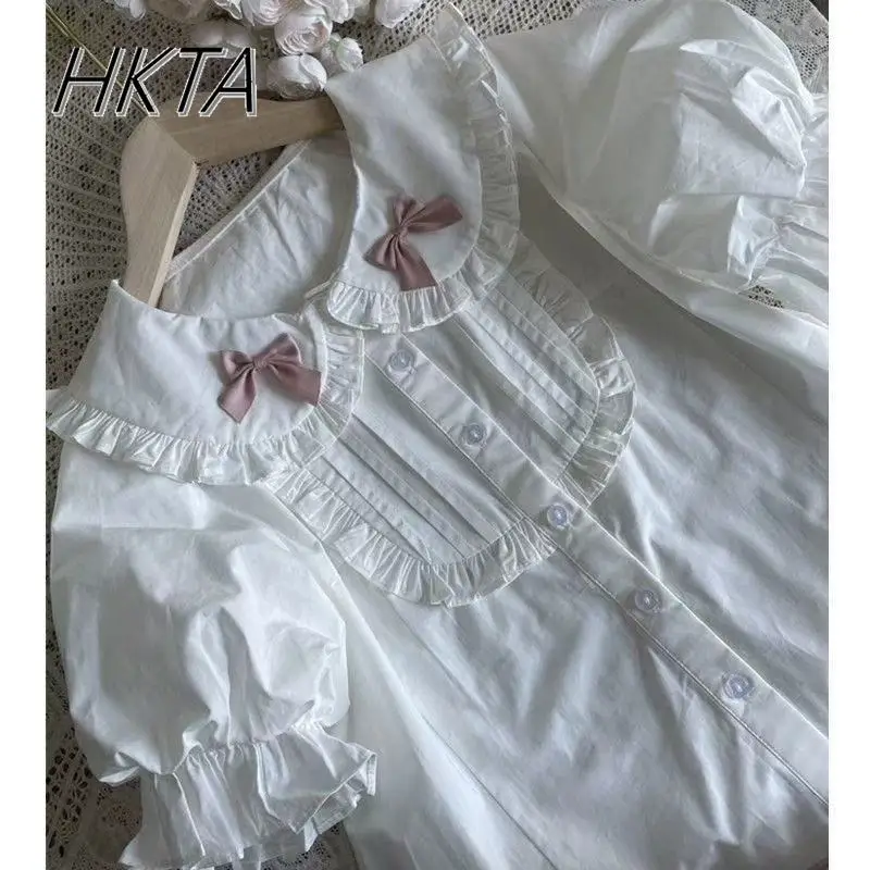 

Japanese Style Lolita Sweet Doll Collar Bow Original Bubble Short Sleeved Shirt Women Lace Summer New Cute White Blusas Tops