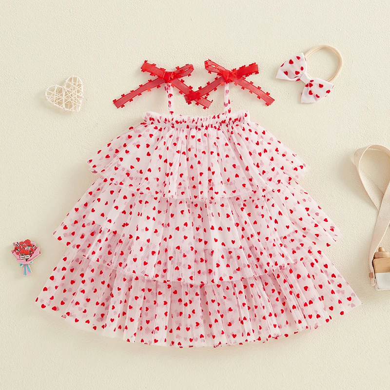 Toddler Baby Girls Valentines Day Dress Heart Print Sleeveless Layered Tulle Tutu Dresses Cake Smash Princess Outfit