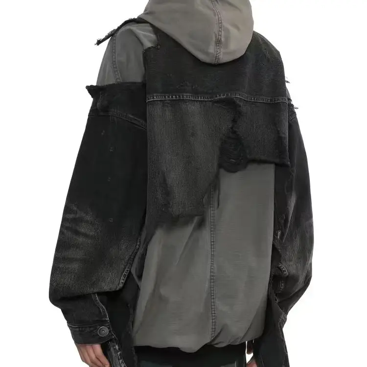 European and American Trend Water-Washed Distressed Patched Fake Two-Piece Denim Jacket