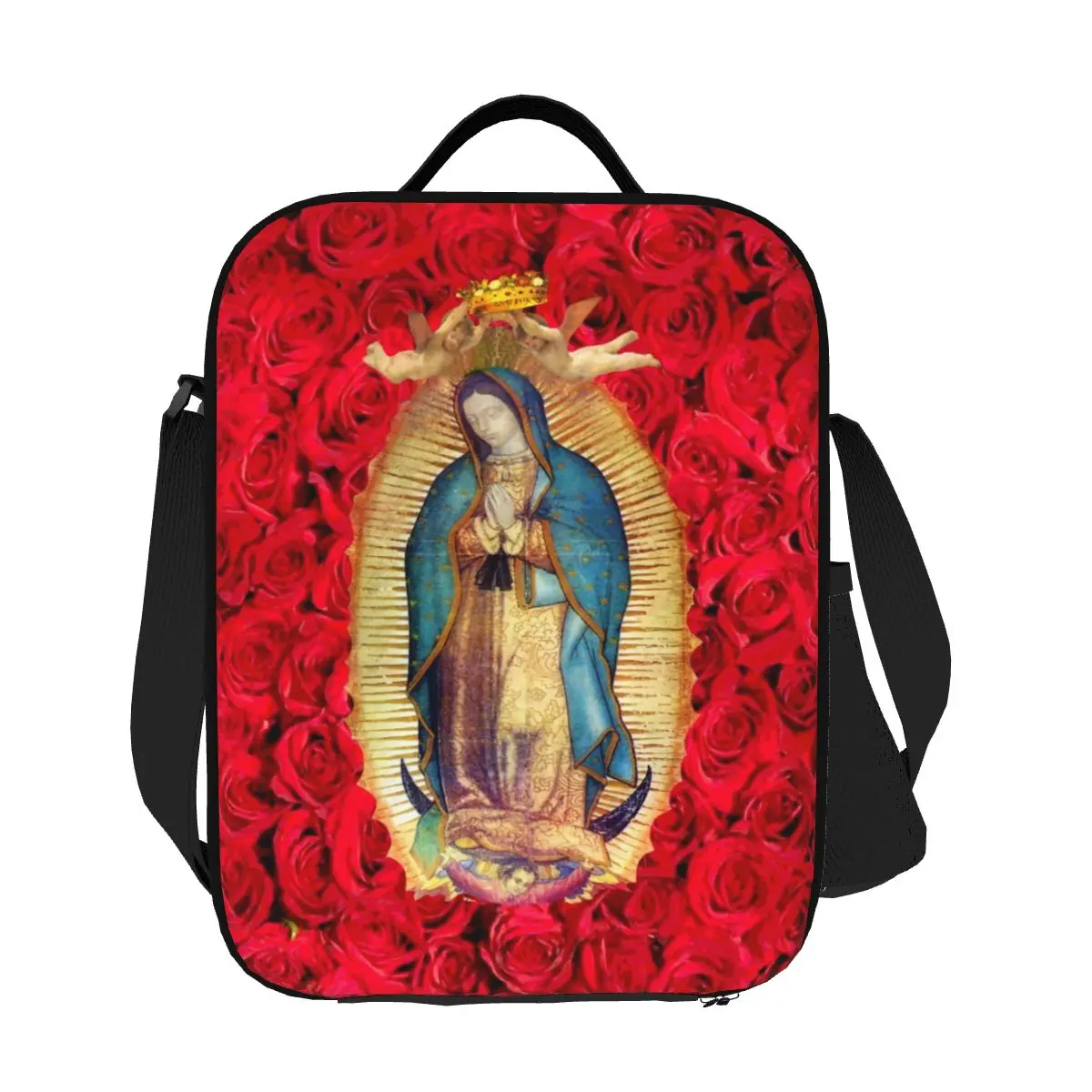

Custom Guadalupe Virgin Mary With Flowers Insulated Lunch Bag for Women Catholic Cooler Thermal Lunch Box Office Picnic Travel