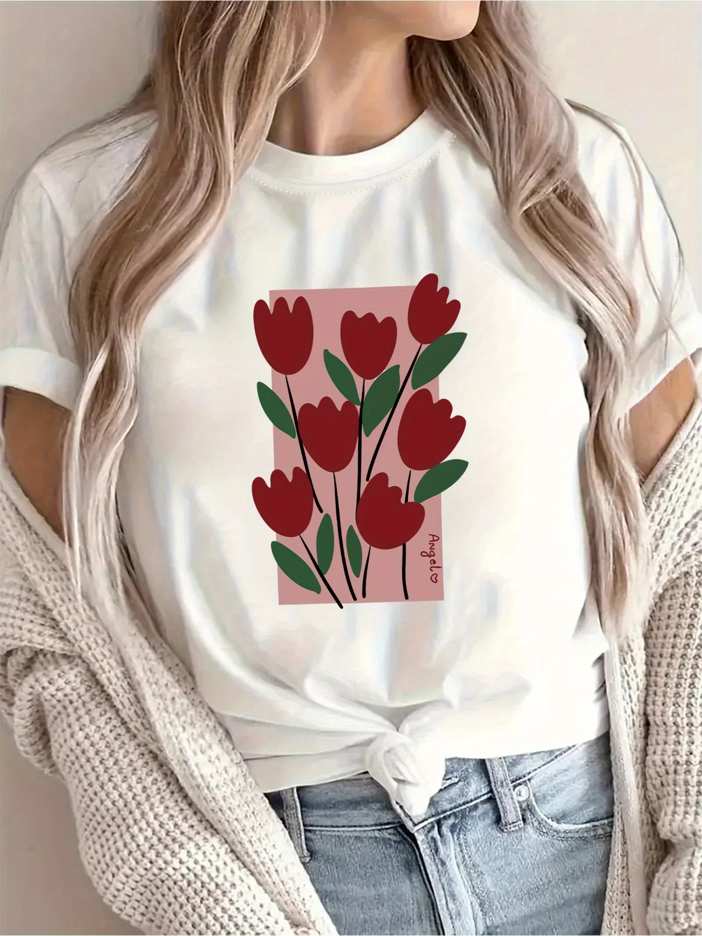 

Яркий розовый тюльпан с цветочным принтом Harajuku, повседневная женская футболка с короткими рукавами, одежда, уличные топы, футболки, эстетичная одежда