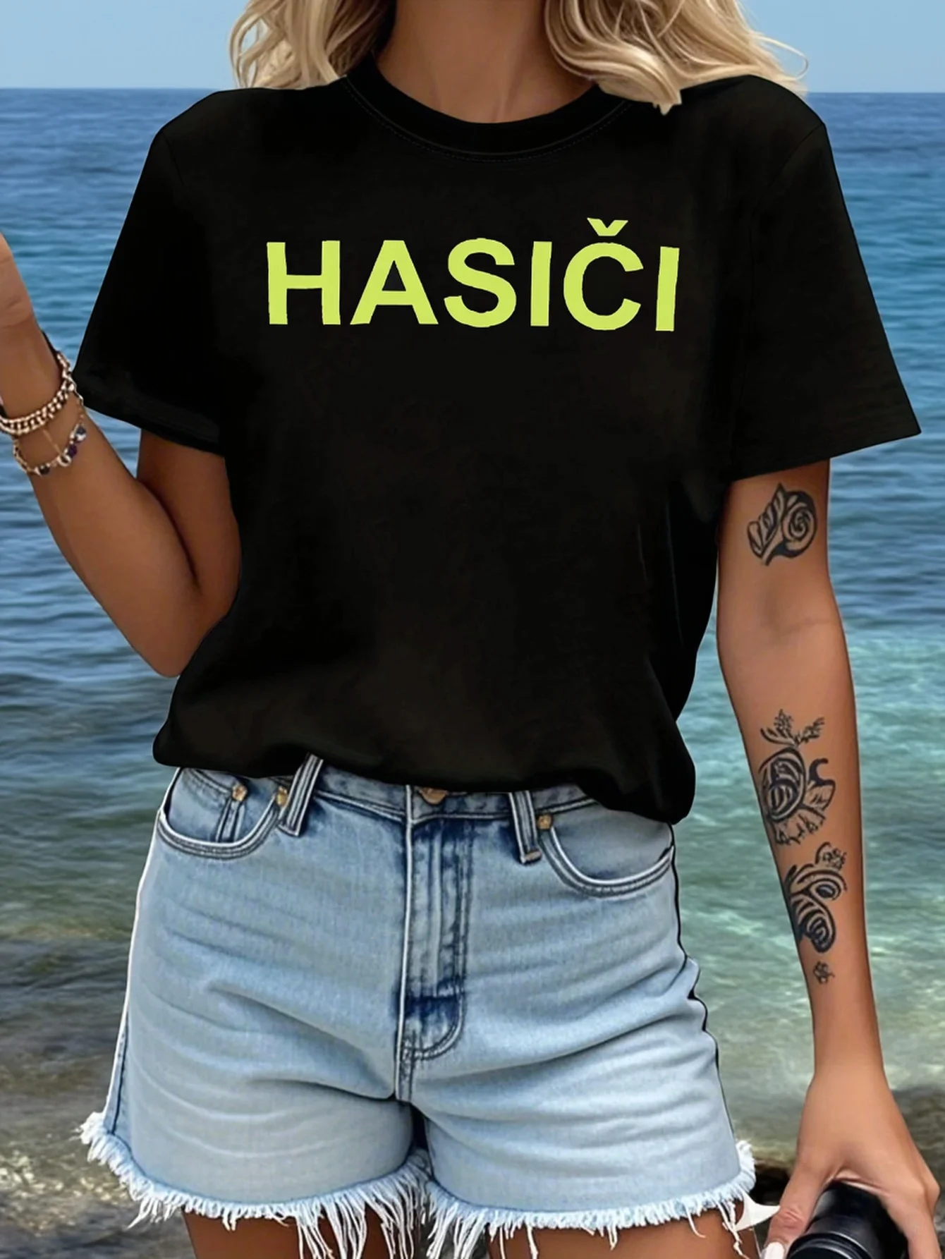 Czech Firefighters Hasici Graphic Print T-Shirt for Women Short Sleeved Round Neck T Shirt Casual Wear for Everyday Use Female