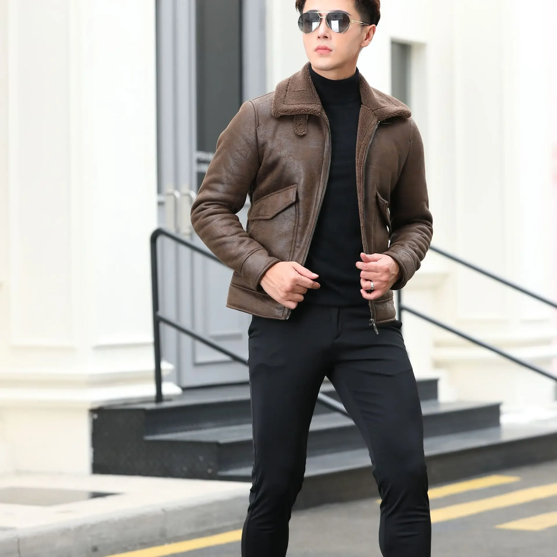 Fall/winter men\'s suede jacket plus velvet Man lapel thickened warmth fashion boutique faux leather outer/large size men PU coat