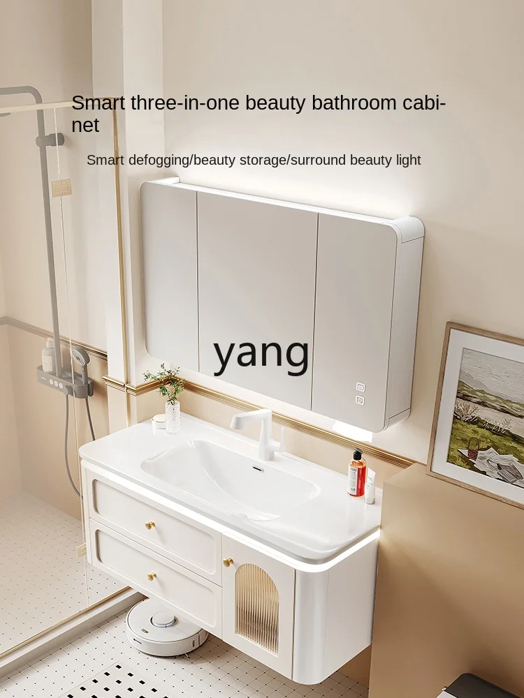 Yjq Bathroom Cabinet Ceramic Whole Washbin Combination Cream Bathroom Table Bathroom Cabinet Washbasin