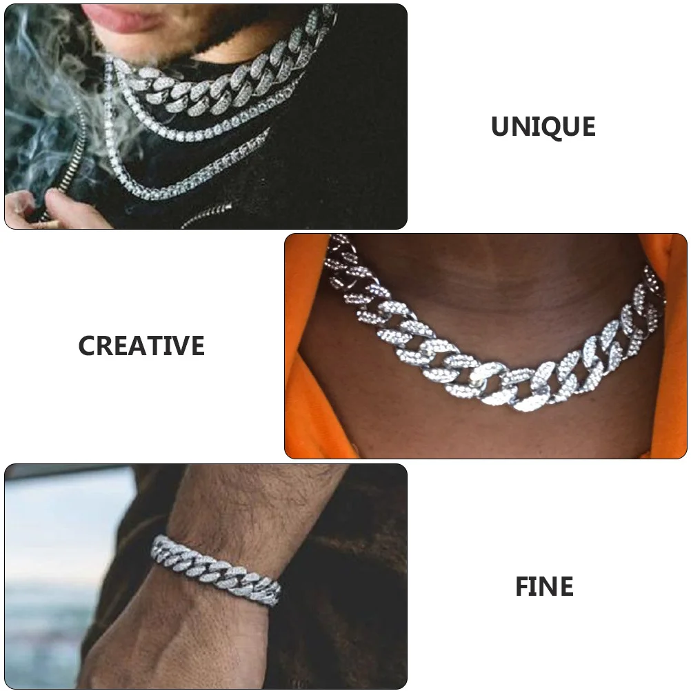 

Full Diamond Cuban Chain Men's Link Bracelets Necklace Jewelry for Chains Jewellery Rhinestones