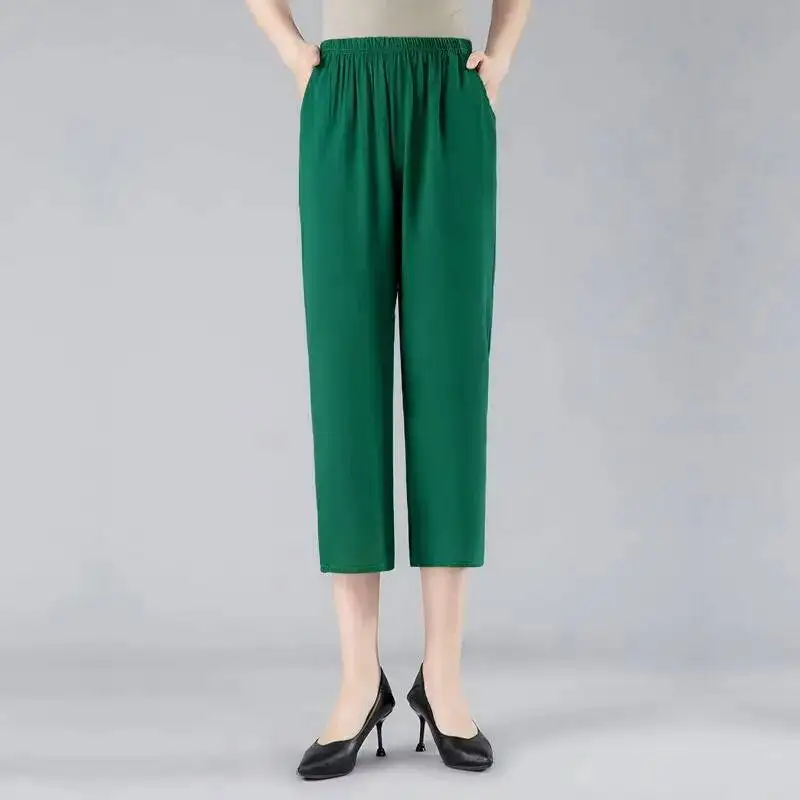 2025 Summer Women Casual Thin Capri Pants Fashion Hight Elastic Waist Straight Leg Pants For Middle-aged Mothers