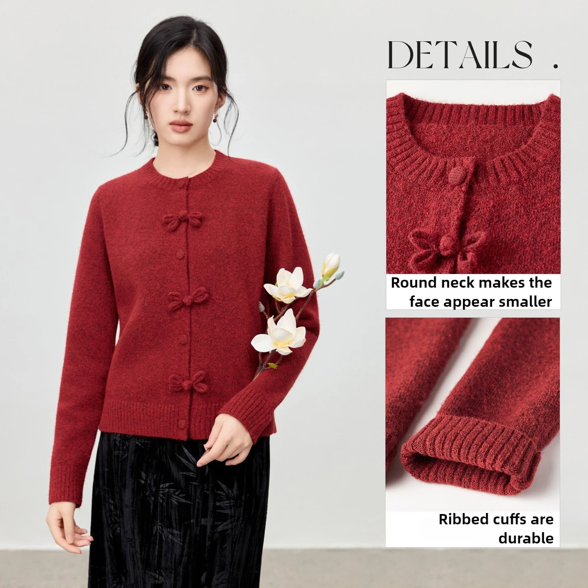 SENTUBILA Strickjacke für Damen, chinesischer Stil, 2025, Herbst, O-Ausschnitt, Schleife, Knoten, Froschverschluss, Pullover, elegante Strickoberteil aus Wollmischung, W53EB3863