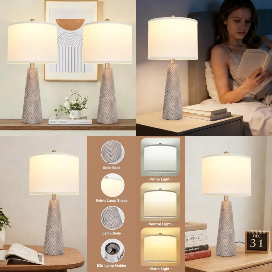 Nightstand Lamp Bedside Lamps Set of 2 Vtage Rustic Farmhouse Table Lamp 3 Way Dimmable Horizontal Stripe Light, for Livg Room