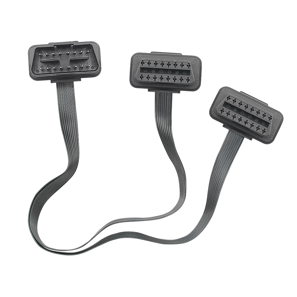 Flat+Thin 16Pin OBD 2 Extender OBD2 16 Pin ELM327 Male To Dual Female Y Splitter 2 IN 1 Converted OBD2 Flat Cable
