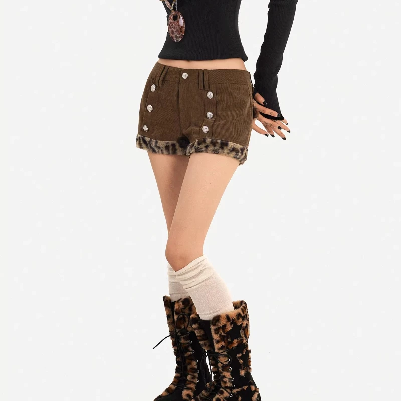 ヴィンテージデザインヒョウ柄ぬいぐるみスプライシングコーデュロイ女性のショーツ秋冬甘いクールローウエストストレートホットパンツレディース