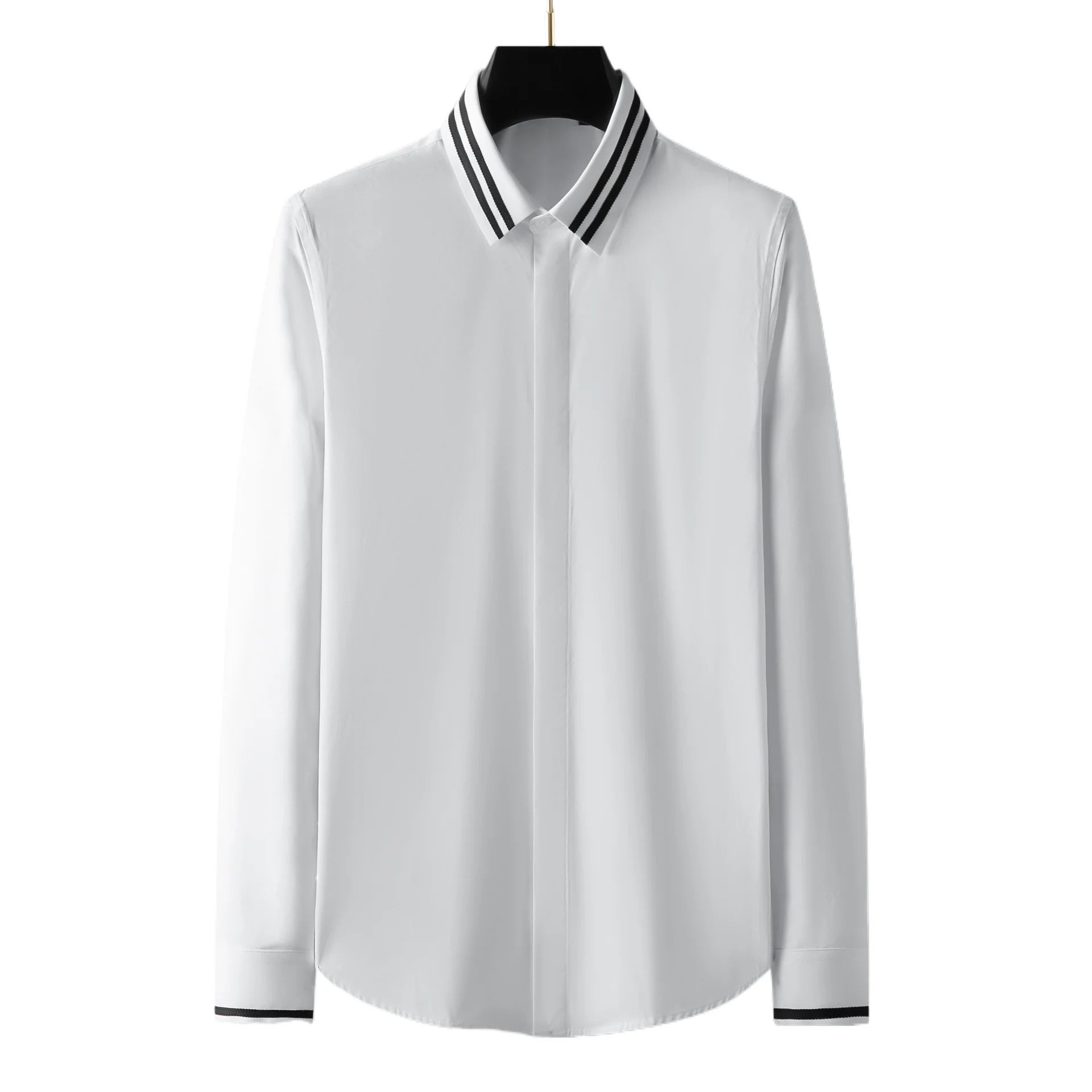 Ribbon Decorative Lapel Shirt for Men Slim Casual Business Dress Shirts Handsome Social Banquet Star Performance Men Clothing