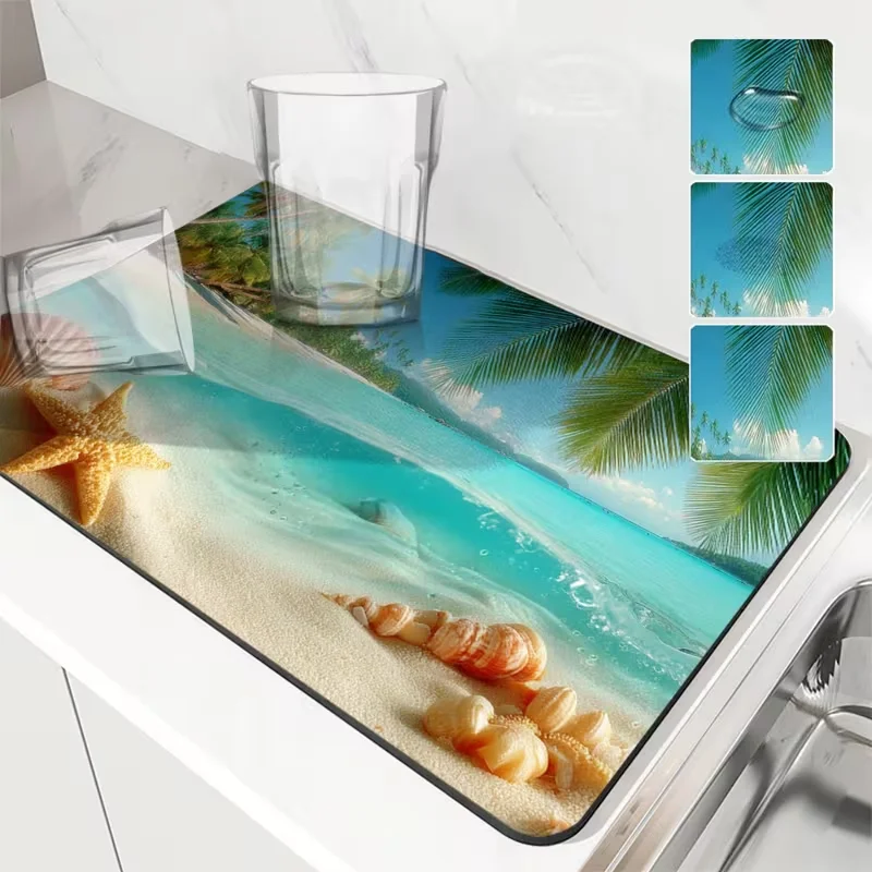 Tropical Beach Starfish Seashell Dish Drying Mat Non-Slip Quick Dry Kitchen Counter Pad Coastal Palm Print Sink Protector