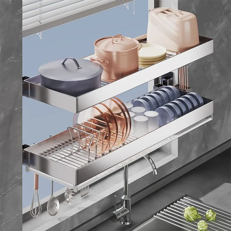 Stainless steel non-punching kitchen wall window sill wall-mounted dish rack rack, integrated storage of chopsticks and dishes