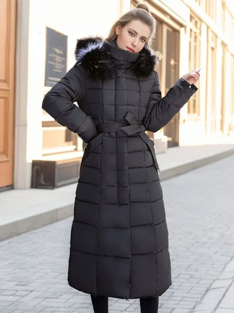 Winter Jacket Women Warm Oversize Padded Black Parkas Long Quilted Tops Coat Women\'s New with Hood Fur Belt Thick Jackets 2024