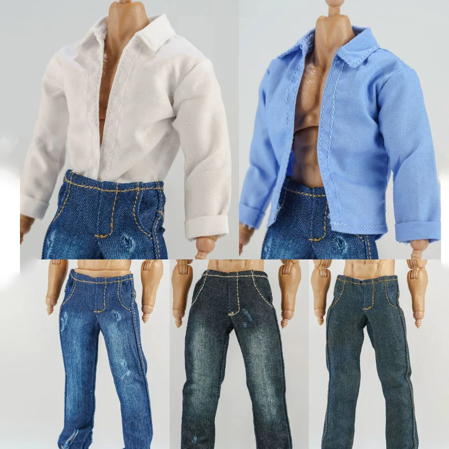 1/12 Scale fashion Male Soldier Washed Hole Denim Jeans Shirt Set Clothes Model for 6inch Action Figures Toys Body Dolls