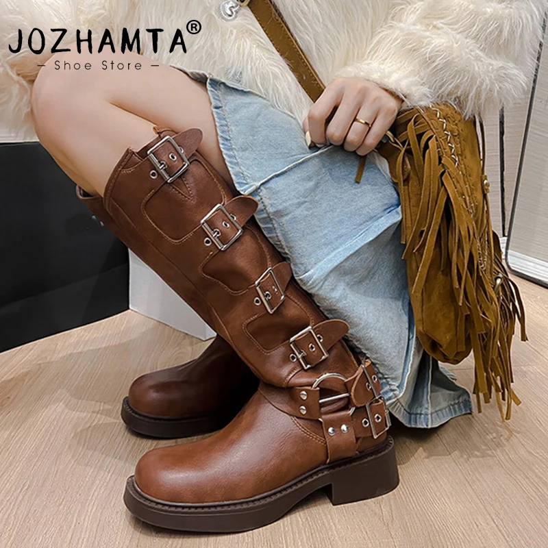 JOZHAMTA Size 34-40 Women Knee-High Boots Genuine Leather Metal Buckle Shoes Woman Casual Autumn Winter Motorcycle Boots