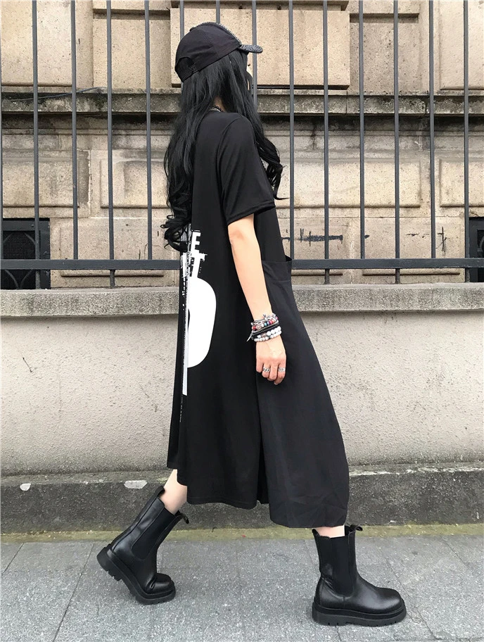 Fashionable Original Black Printed Midi Dress Personality Long Summer Skirt Commute Style High Waist A-Line Dress