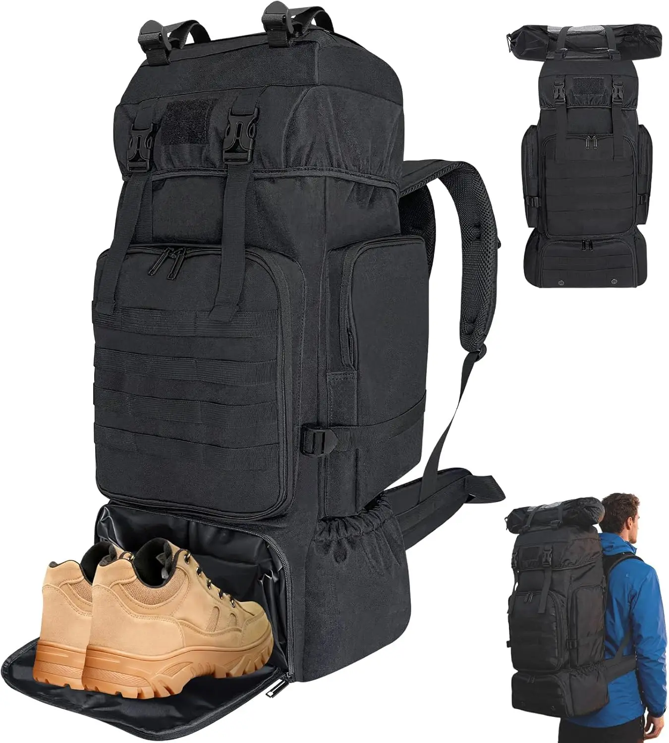 

Походный рюкзак на 70 л для мужчин и женщин с отделением для обуви, большой военный тактический рюкзак MOLLE Спортивный дорожный рюкзак (черный)