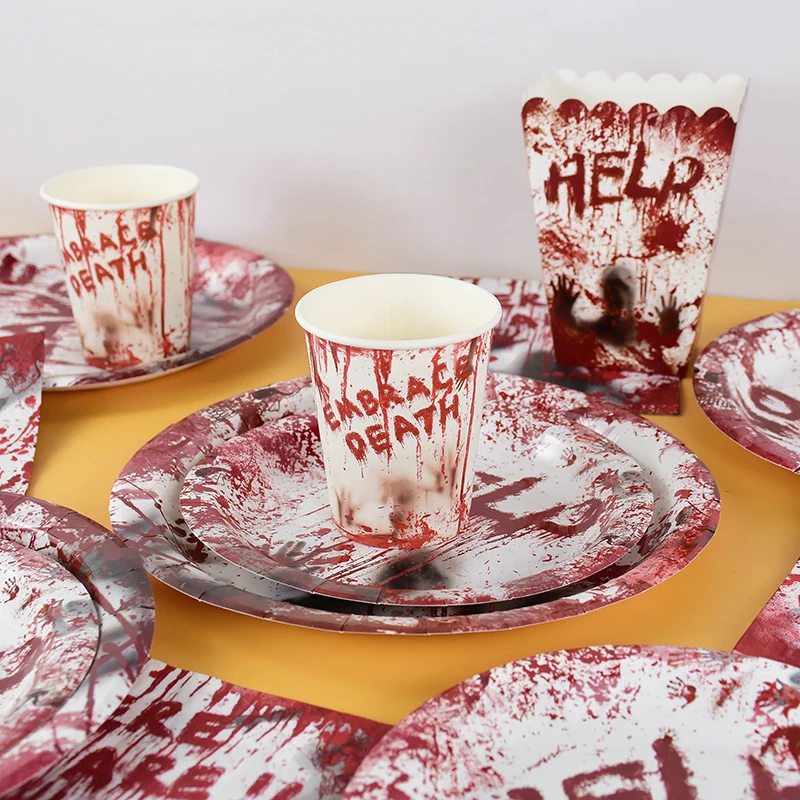 Halloween Horror Bloodstain Disposable Tableware Bloody Handprint Paper Plate Napkin Cup Popcorn Boxes Haunted House Party Decor