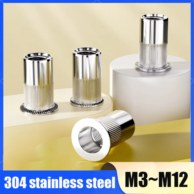 M3~M12 304 Stainless Steel Rivnut Flat Head/Small/Big Countersunk Head Threaded Nut Vertical Stripe Rivets Insert Cap Rivet Nuts