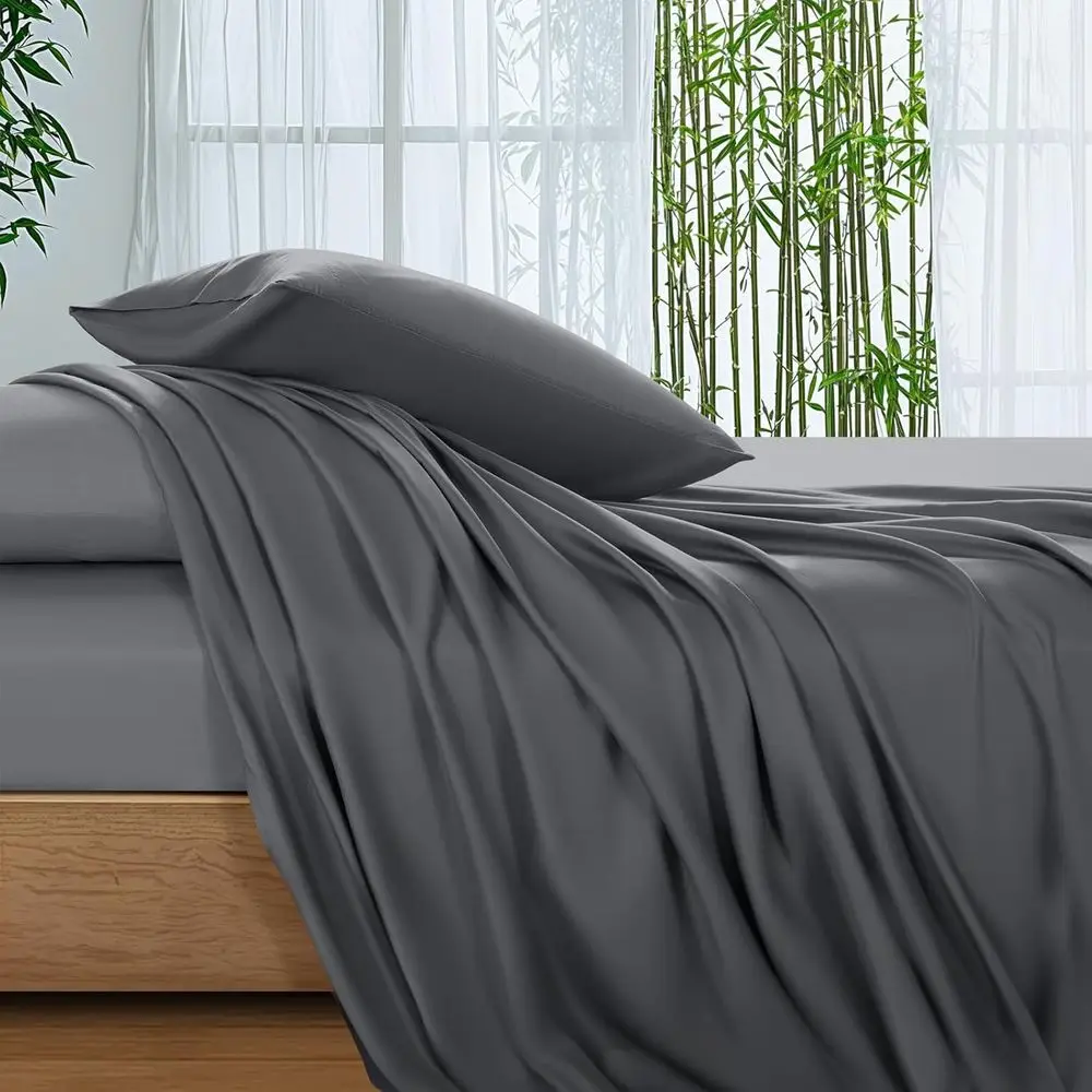 Bamboo Viscose Queen Sheets, Ultra Breathable & Cooling, Luxury Silky Bedding, 16 Pocket - 4PC Set (Grey, Queen)