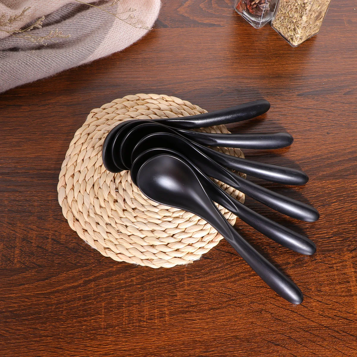 

6 PCS Black Soup Spoon Asian Spoons Melamine Coffee Noodle Mixing Rice Japanese
