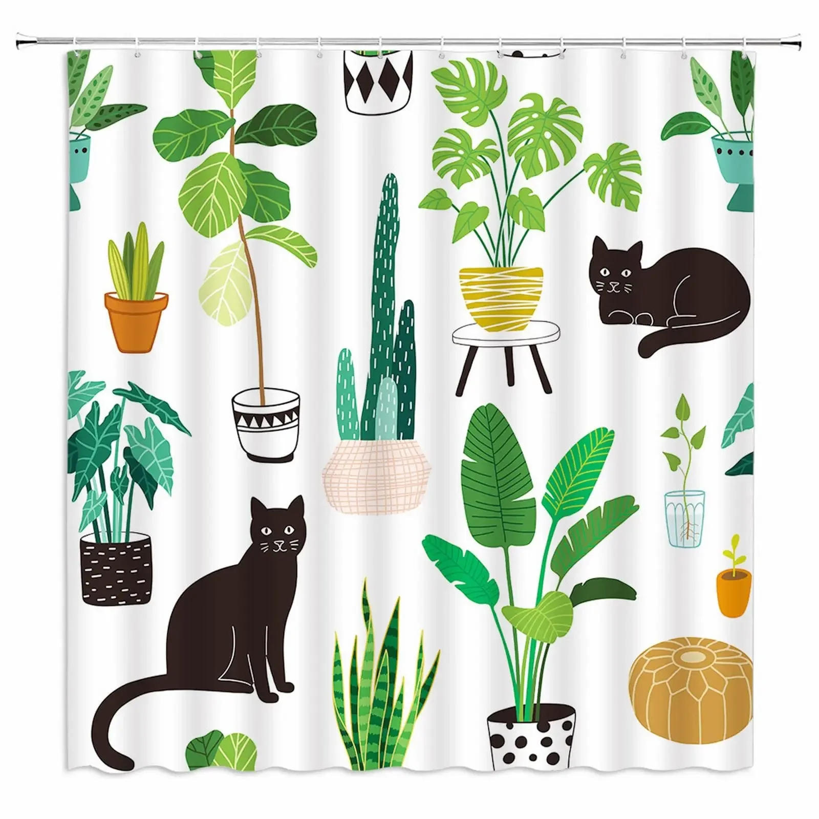 Tropical Greenery Shower Curtain Succulent Cactus Palm Pineapple Tropical Fruit Cat Bathroom Decoration Shower Curtain With Hook