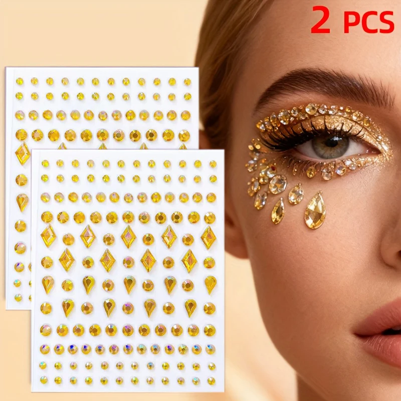 1/2 Sheets 3D Face Rhinestone Stickers Golden Tear Eye Rhinestone Bright Party Makeup Jewel Decor for Face Body Nail Hair