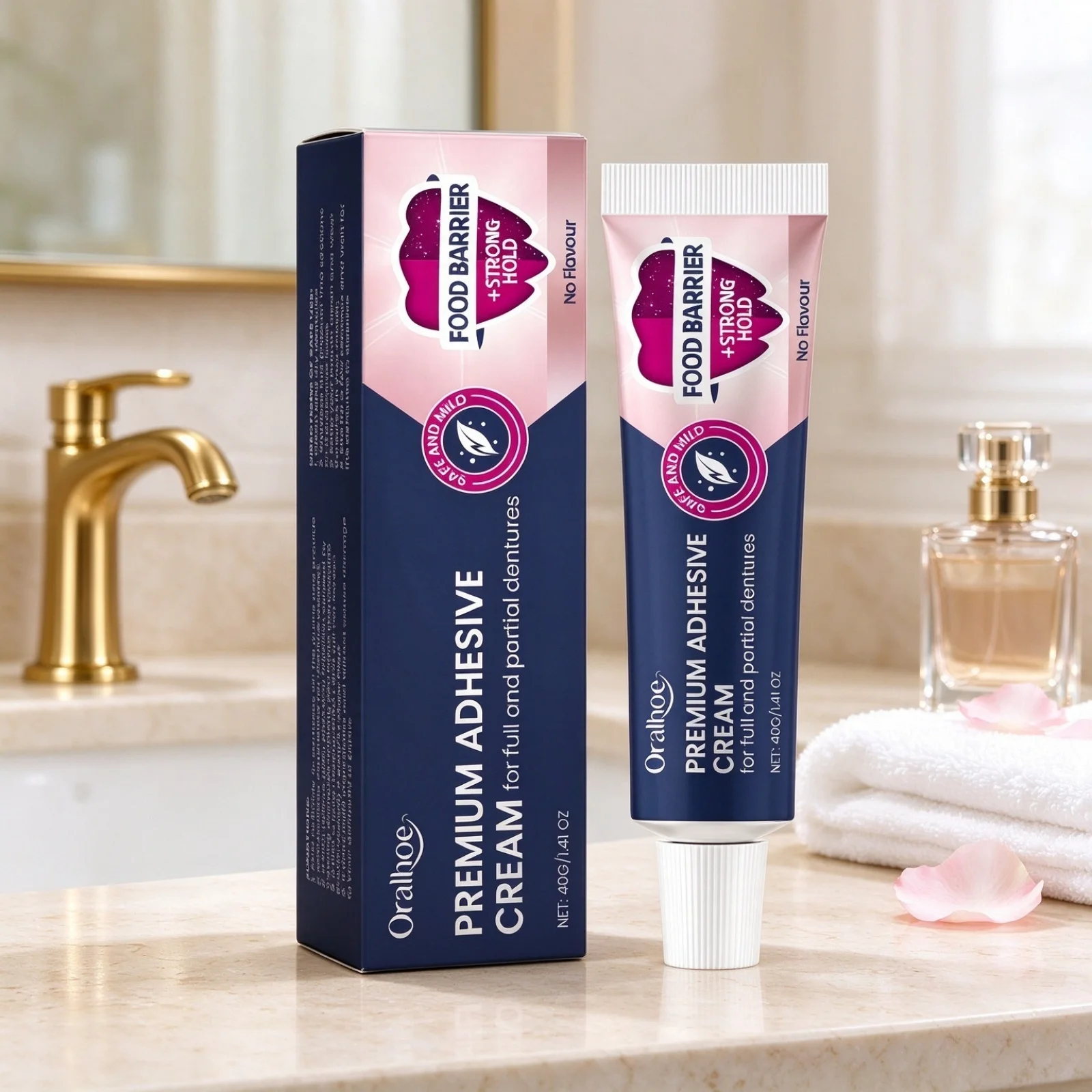 Oralhoe Denture Adhesive Cream Long Lasting Hold Firm Fit Easy Apply Improve Comfort Gentle Formula Premium Denture Adhesive 40g