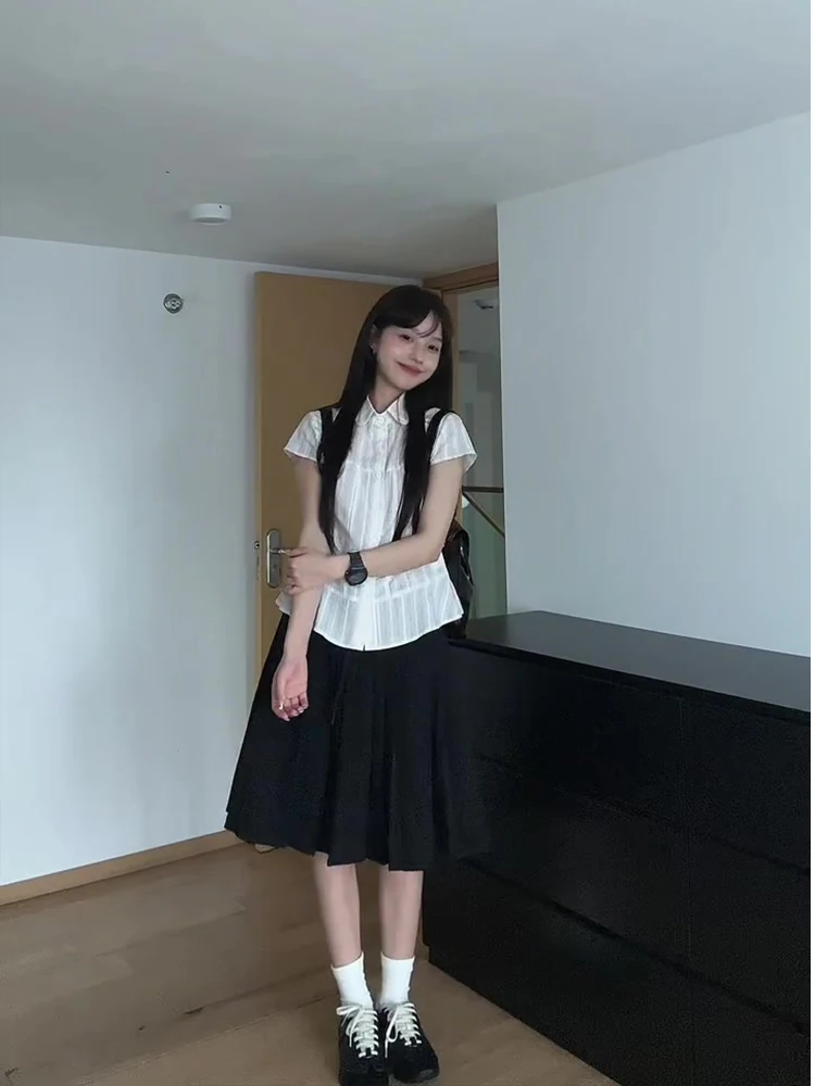 

Slimming Striped Neck Short Sleeve Shirt Women's College Style Fashionable Design Summer Waist-Cinching Top