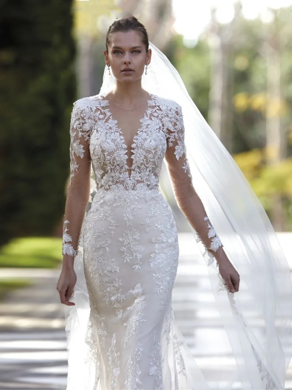 

Flavinke индивидуальное элегантное романтическое кружевное свадебное платье русалки с длинными рукавами и аппликацией из бисера женское платье невесты Vestidos De Novia