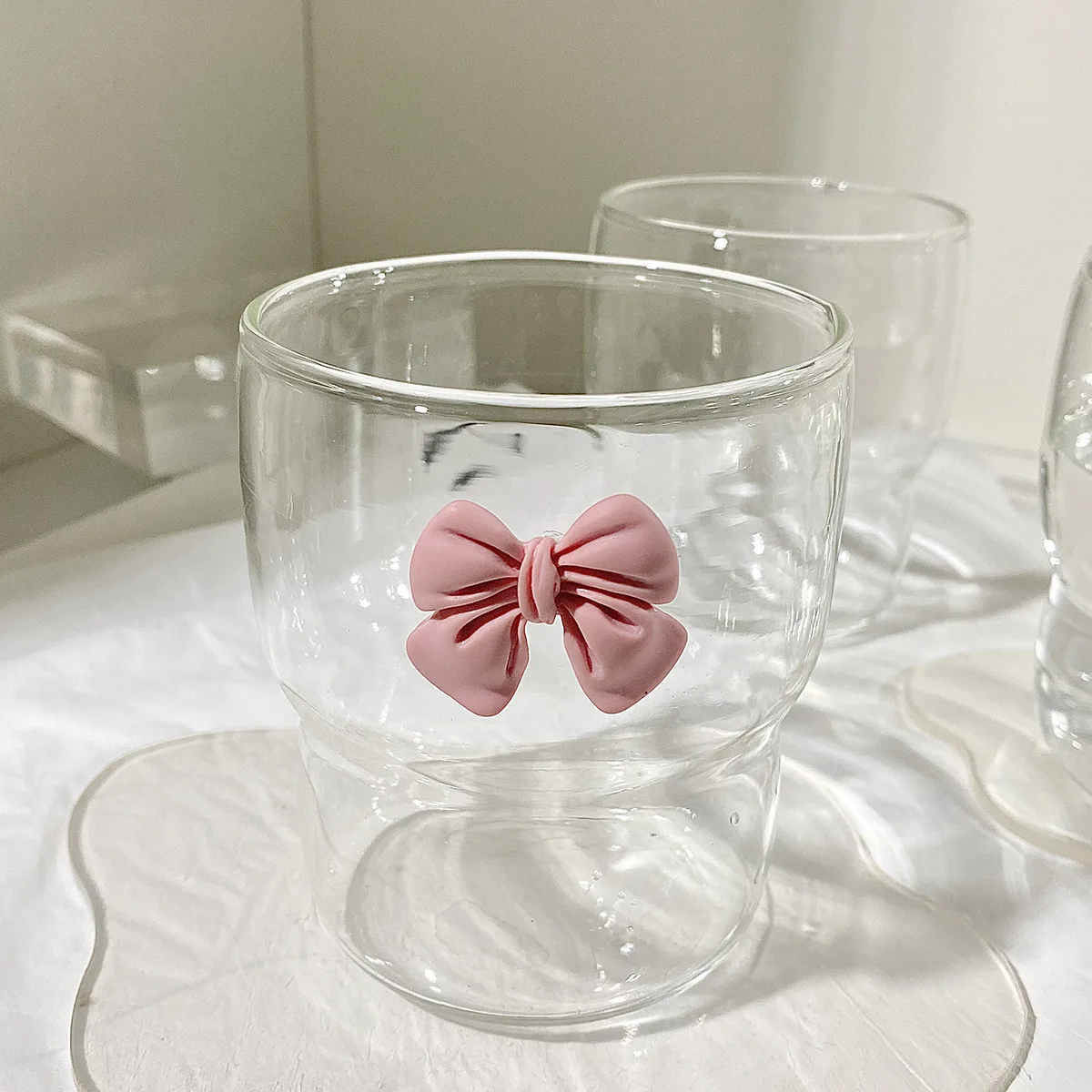 1pc 1PC Pink Bow Glass Cute Water Cup Cartoon Bow Glass Cup Striped Cute Doodle Coffee Mug Household Fruit Tea Lemonade Girls Gi