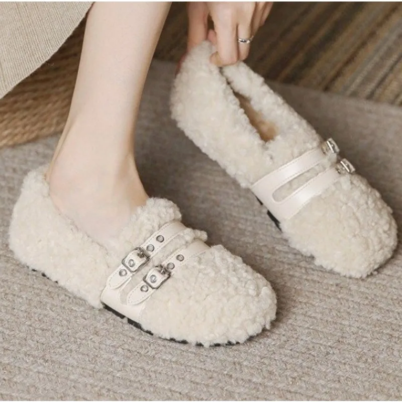 

Luxury Sheep Fur Lined Loafers Women Lambswool Shoes Ladies Winter Slip On Furry Flats Cotton Wool Mocasine Femme Barefoot Boots