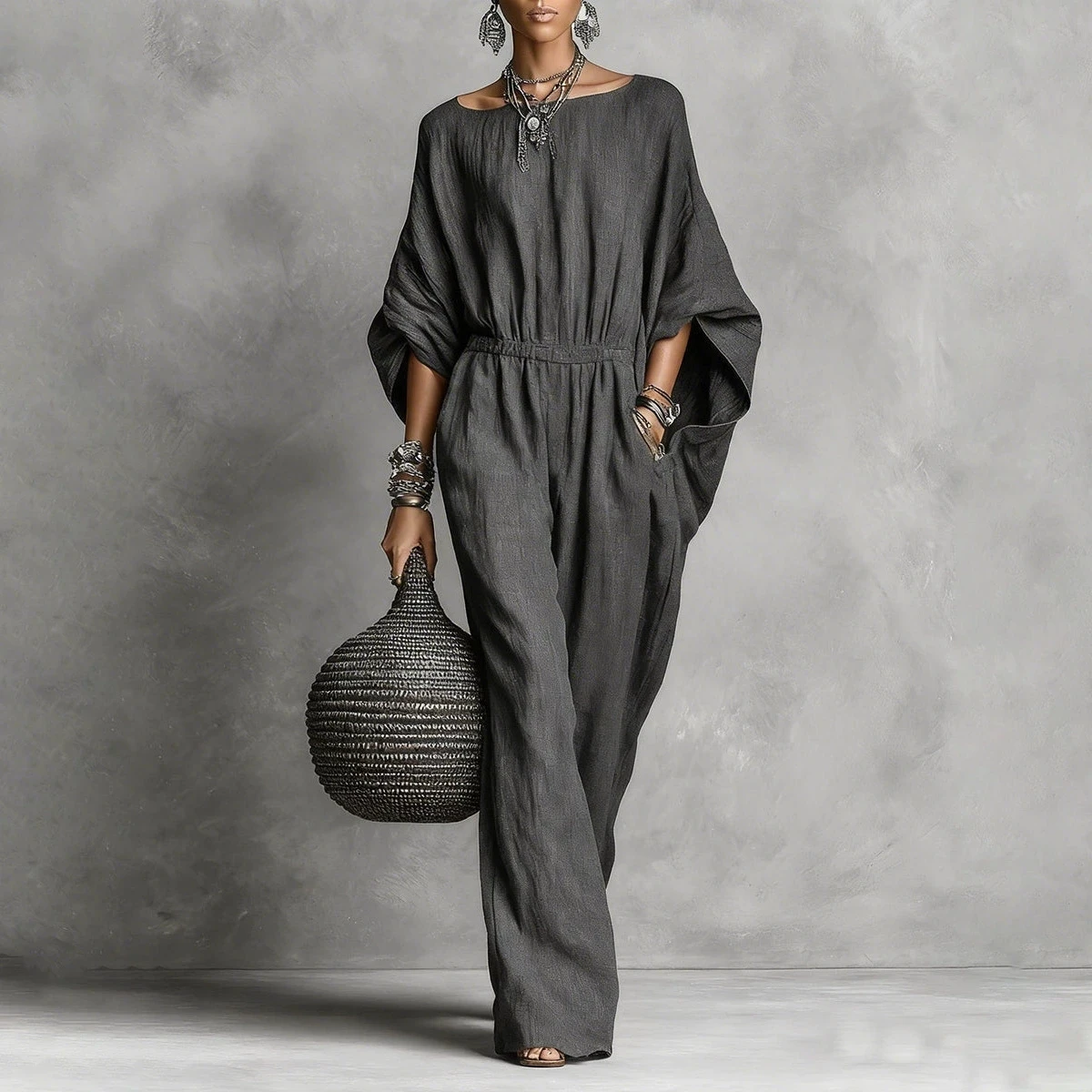 2026 Spring Autumn Women Commute High Waist Solid Wide Leg Flare Sleeve Jumpsuit Soft Breathable Casual Beach Holiday Wear
