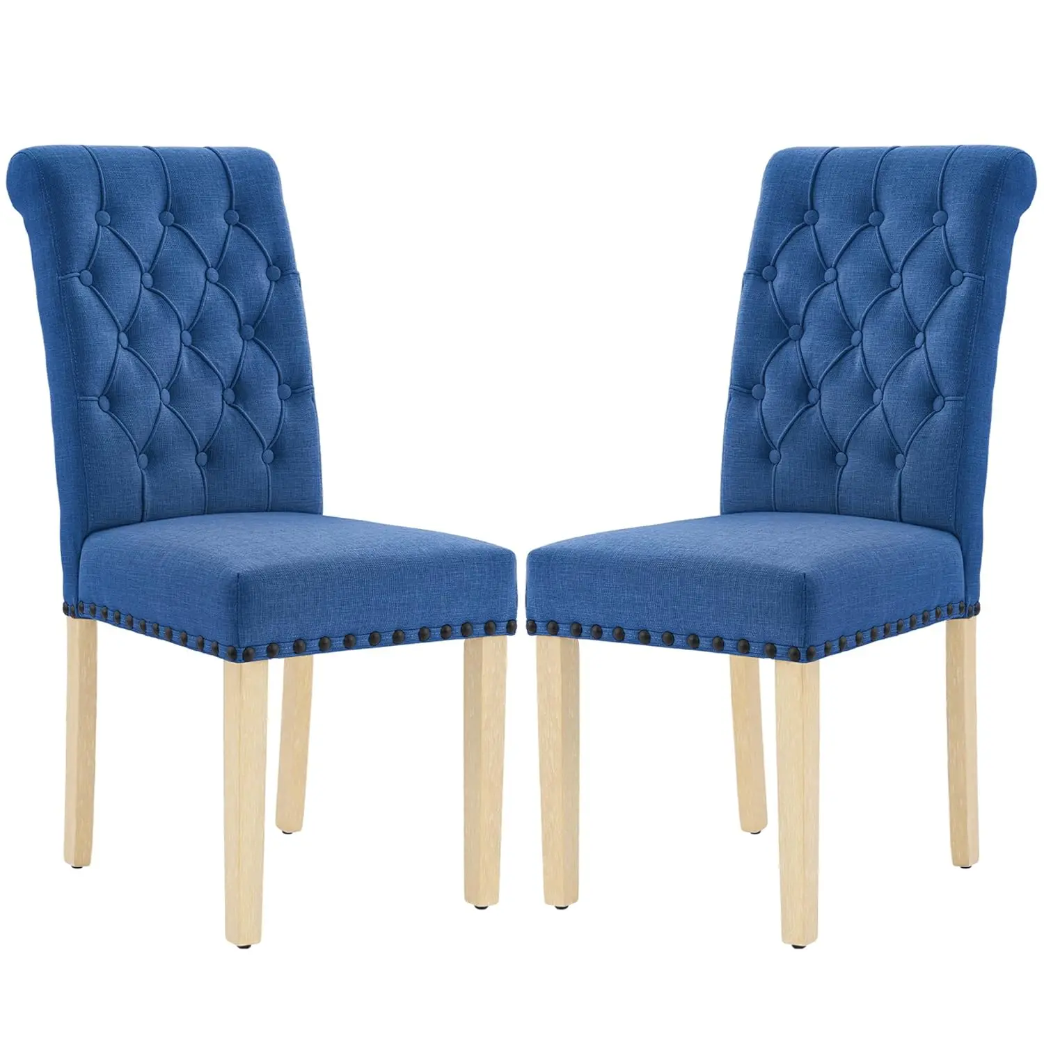 

Комплект из 2 обеденных стульев из льняной ткани, современный дизайн, с декоративными кнопками и ножками из массива дерева, для кухни, темно-синий, на заказ