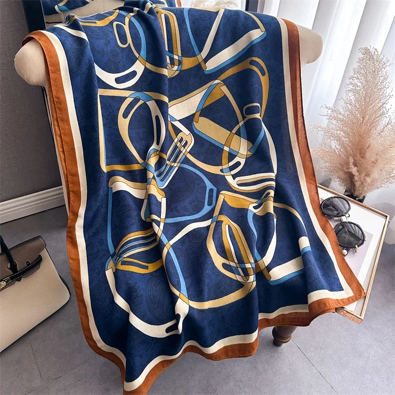 Fashion Luxury Scarves for Women Headbanda Hijab Soft Warm Scarf Cotton Linen Large Wrap Bufandas Muslim Shawl Printed Geometric