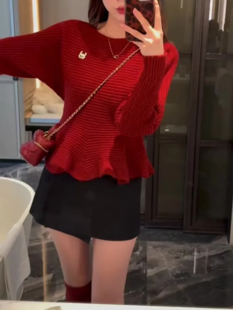 Maglione lavorato a maglia rosso di Capodanno da donna con design ingombrante in vita in pizzo Casual Faion Commute Sle Thi Maglieria calda