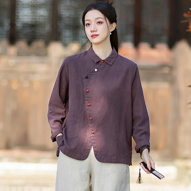 

High Quality Cotton Linen Casual Shirt Women New 2026 Spring Vintage Style Solid Color Female Long Sleeve Tops Shirts M2394