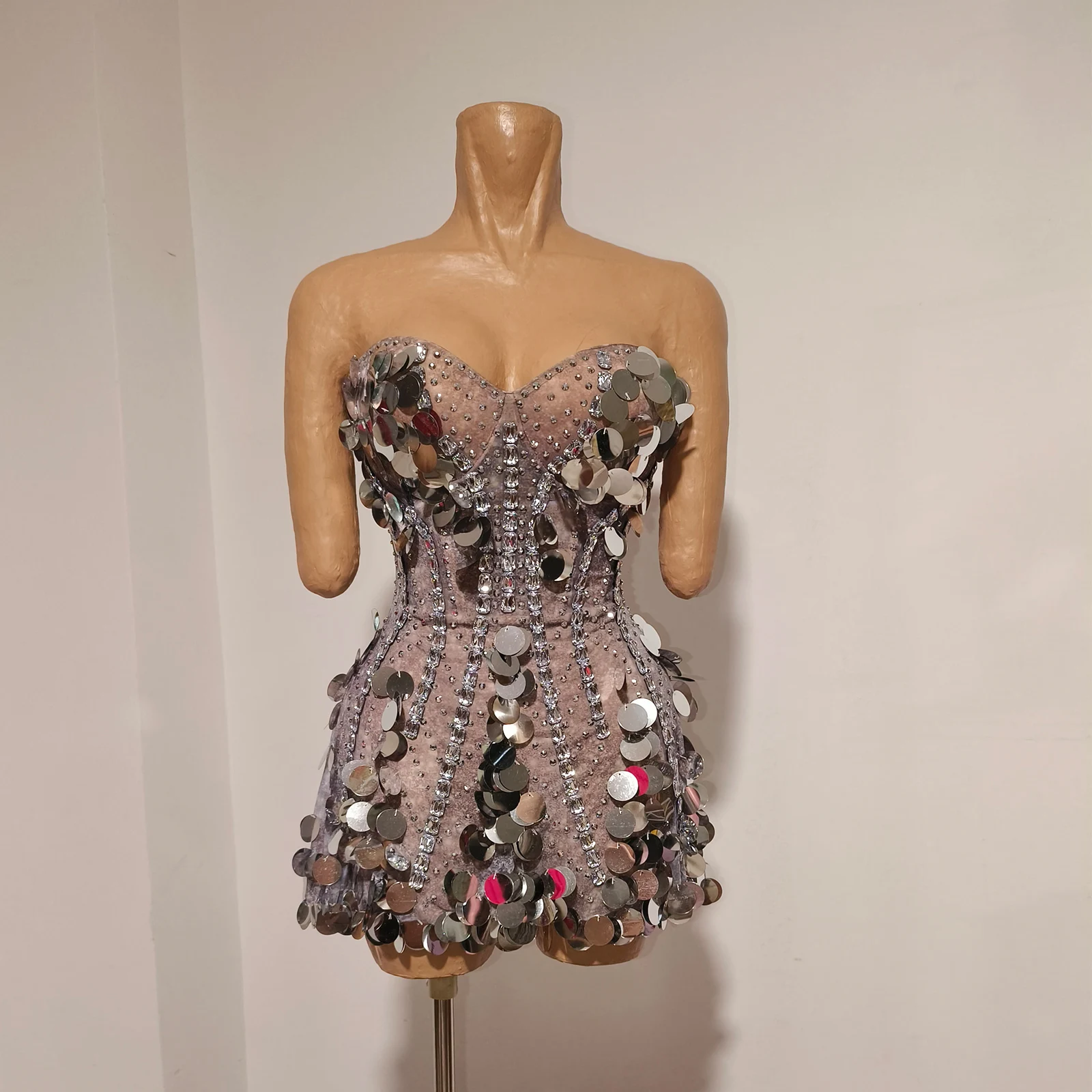 Performance Rhinestone Silver Mirror Sequin Mini Dress Crystal Women Club Stage Party Nightclub Sparkle Dance Costume
