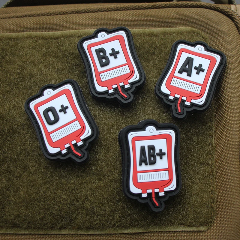 First Aid Blood Bag Style PVC Patch Rubber Blood Type A+ B+ AB+ O+ Outdoor Backpack Accessory Stamp for Clothes Backpack Decor