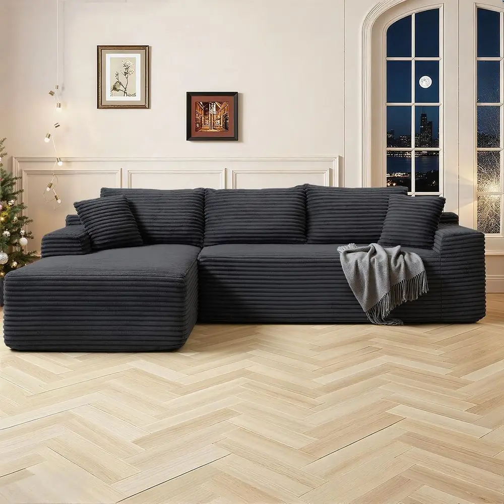 

108 Inch Deep Seated L-Shape Sectional Sofa with Chaise in Black Corduroy - No Assembly Needed