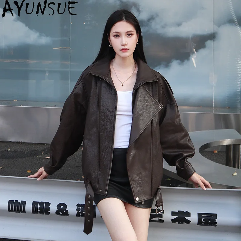 AYUNSUE ของแท้หนังแจ็คเก็ตผู้หญิง 2025 หนังแกะแท้แจ็คเก็ตสตรีฤดูใบไม้ผลิฤดูใบไม้ร่วงเสื้อผ้าหลวม Fitха ЖCasual