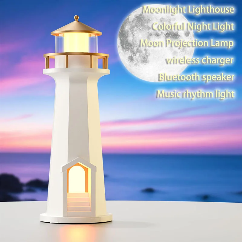 

Настольная лампа-проектор Moonlight Tower с Bluetooth-колонкой, беспроводной зарядкой и USB-подзарядкой, светодиодный атмосферный светильник для спальни
