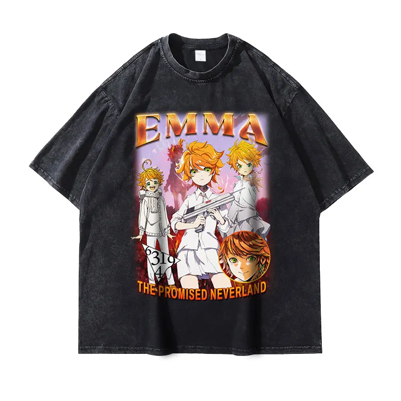 Anime The Promised Neverland T Shirt Vintage Washed Emma T-shirts Oversized Streetwear Manga Tops Tees Men Girl 100% Cotton