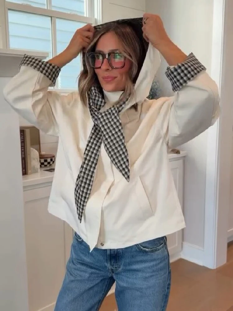 Hooded Casual Jacket Gingham Plaid Scarf Decor Stand Collar Zip‑Up Long Sleeve Plaid Cuff Loose Women Outerwear Coat 260802