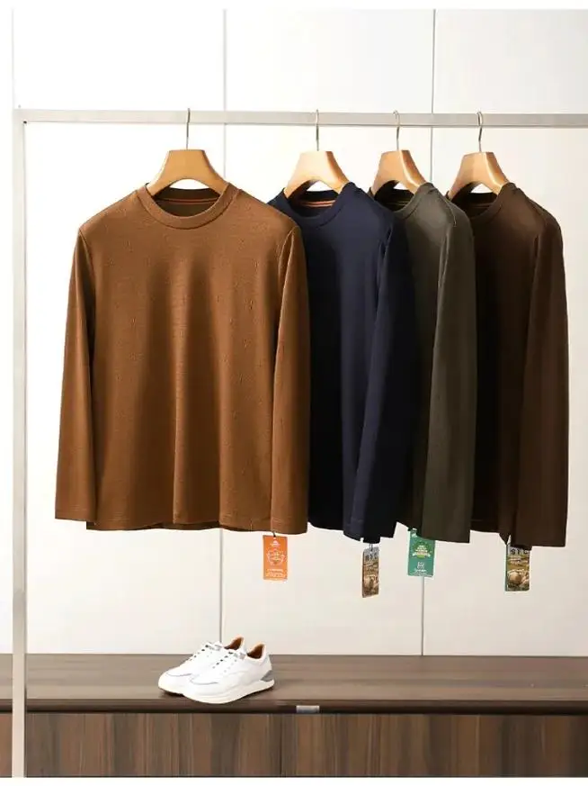 Ultra-Thin Men's Cotton Wool Long Sleeve round Neck Base Shirt Luxury Color Series Fashion Urban Style T-Shirt for Autumn Winter