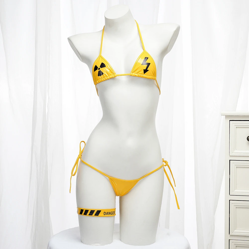 Punk Bikini Sexy Leather Bra Underwear Lingerie Danger Caution Print Swimsuit Low Waist Bikinis Sets Beach Swimwear