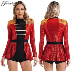 Women Circus Ringmaster Showman Cosplay Performance Costume Long Sleeve Sequin Tassel Bodysuit Halloween Carnival Party Jumpsuit